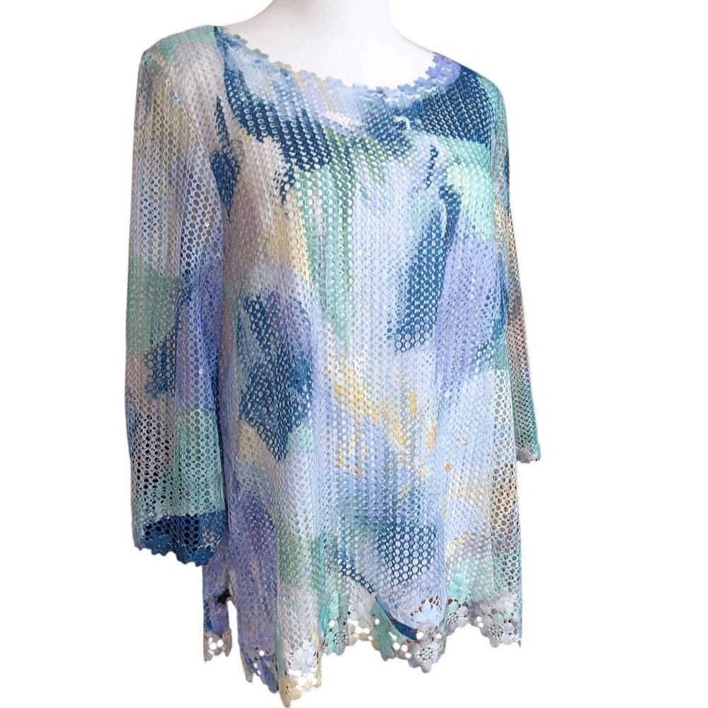 VINTAGE Crocheted Artsy Blouse Top Shirt S Watercolors Sheer Coastal Blue White